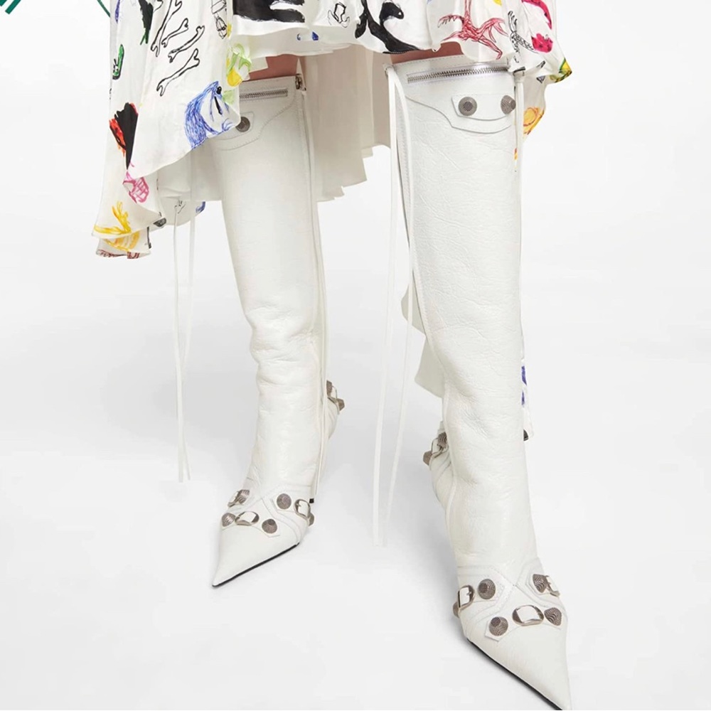 High Heel Knee High Boots with Tassel Pointy Toe Studded Zipper Boots